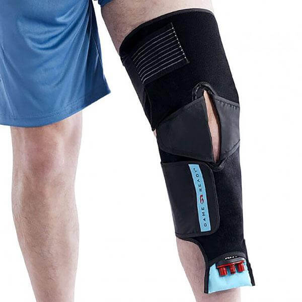 Game Ready Knee Wrap - A person wearing knee wrap close up view