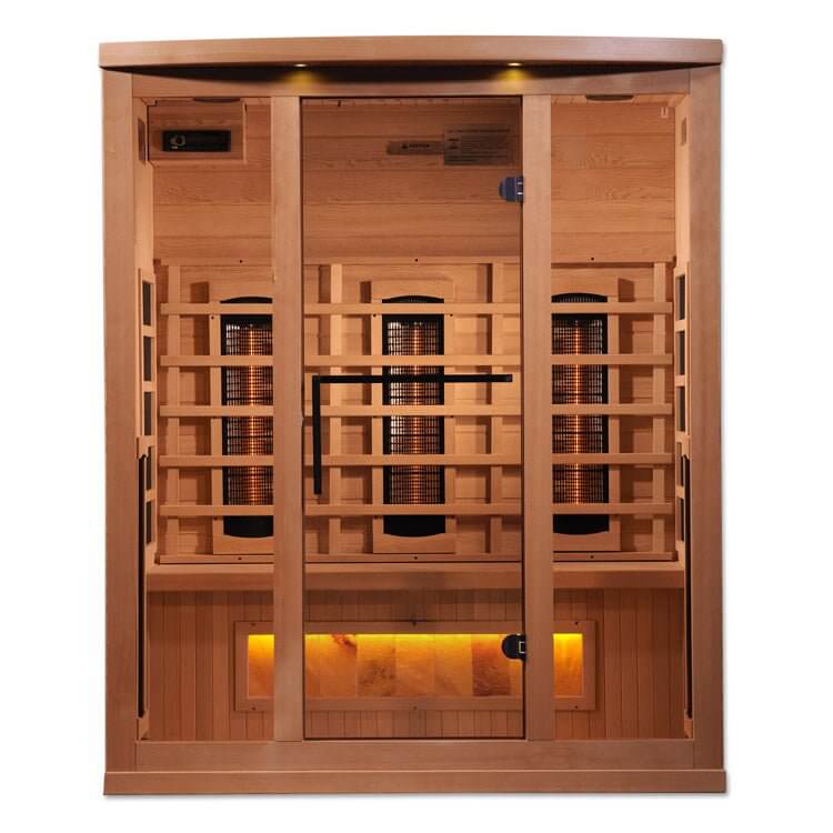 Golden Designs 3-Person Full Spectrum Sauna - Front view of wooden sauna with glass door and windows