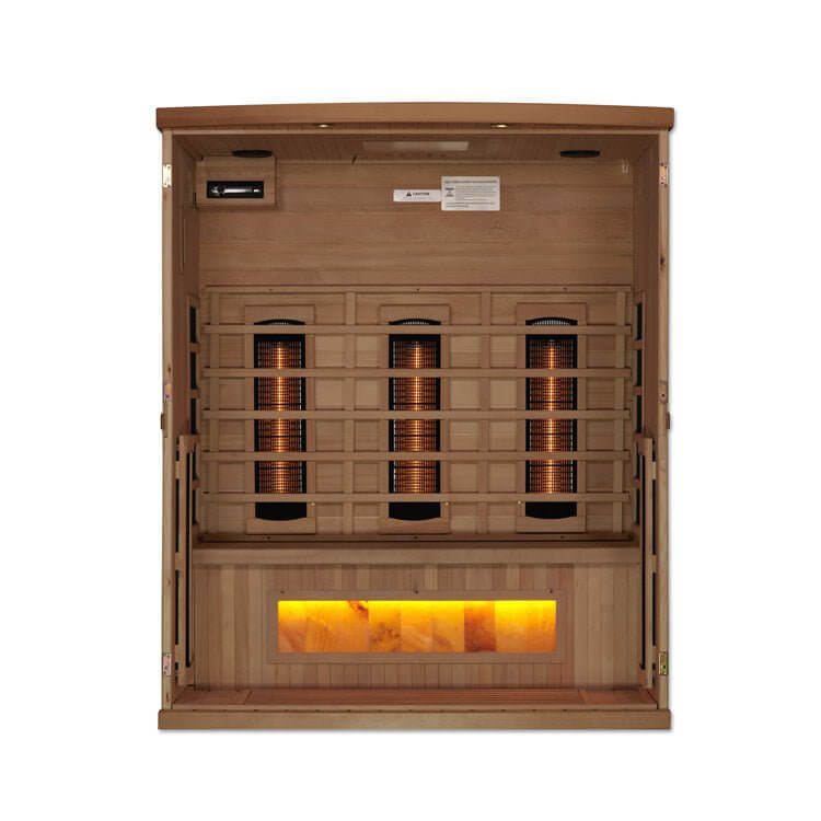 Golden Designs 3-Person Full Spectrum Sauna - Interior view of sauna with salt bar below bench