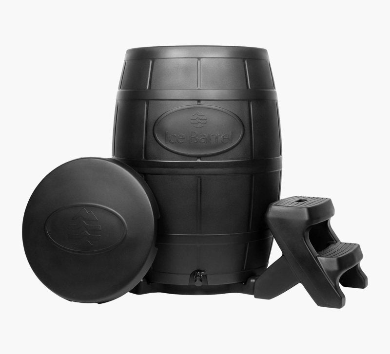 Ice Barrel & Penguin Chiller Bundle - a black barrel with a step stool