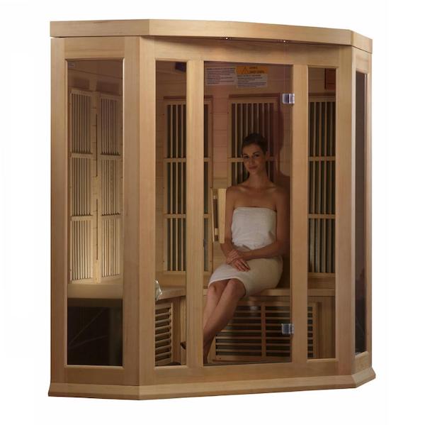 Maxxus 3-Person Corner Low EMF FAR Infrared Sauna - with woman inside