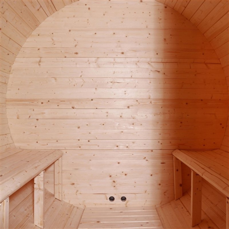 Outdoor and Indoor White Pine Barrel Sauna - 3-4 Person - 4.5 kW UL Certified Heater - Bitumen Shingle Roofing - View from inside