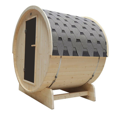 Outdoor and Indoor White Pine Barrel Sauna - 3-4 Person - 4.5 kW UL Certified Heater - Bitumen Shingle Roofing - Side view 3D image