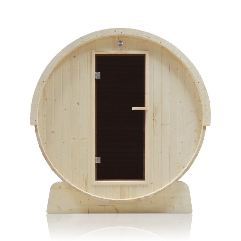 Outdoor and Indoor White Pine Barrel Sauna - 3-4 Person - 4.5 kW UL Certified Heater - Bitumen Shingle Roofing - Front view with door opened