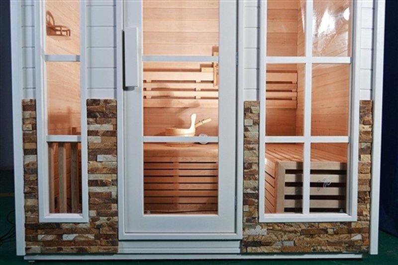 Outdoor Canadian Red Cedar Wood Wet Dry Sauna - Half photo of the sauna with visible interior