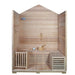 Outdoor Canadian Red Cedar Wood Wet Dry Sauna - Sauna interior with chair on opposite side, bucket ladle and thermometer. 