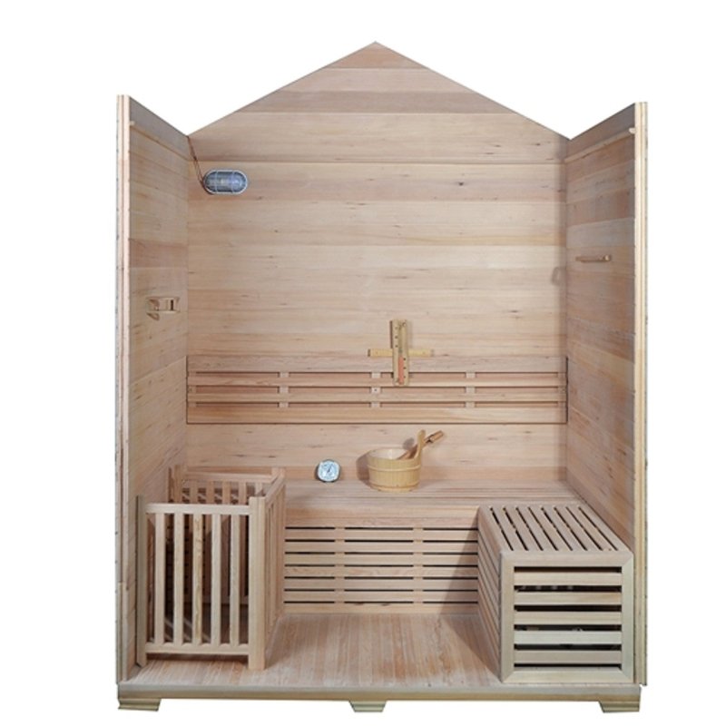 Outdoor Canadian Red Cedar Wood Wet Dry Sauna - Sauna interior with chair on opposite side, bucket ladle and thermometer. 