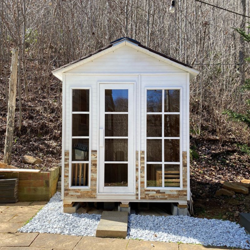 Outdoor Canadian Red Cedar Wood Wet Dry Sauna - Sauna with woods background