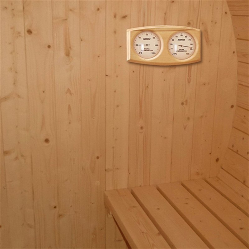 Outdoor or Indoor White Finland Pine Wet Dry Barrel Sauna - Thermometer Sauna photo inside.