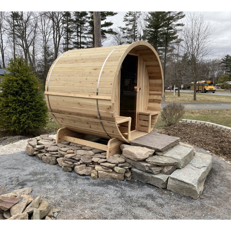 Outdoor or Indoor White Finland Pine Wet Dry Barrel Sauna - 3-5 Person - Sauna placed outside photo