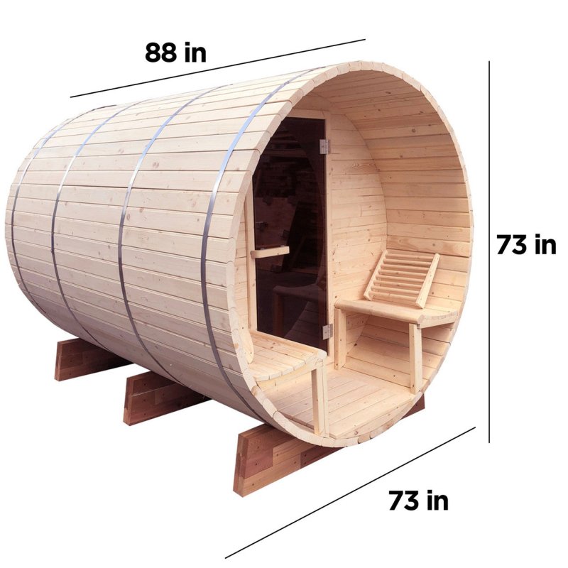 Outdoor or Indoor White Finland Pine Wet Dry Barrel Sauna - Sauna side view with labelled sizes