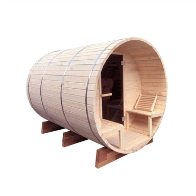 Outdoor or Indoor White Finland Pine Wet Dry Barrel Sauna - Front Porch Canopy - 8 kW UL Certified KIP Harvia Heater - 6-8 Person -