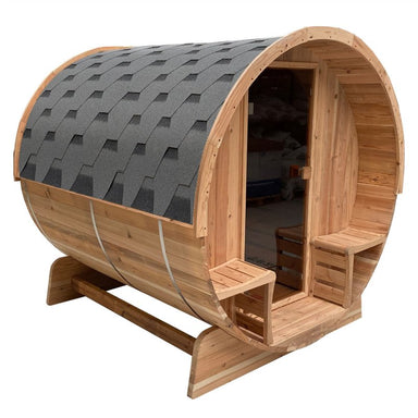 Outdoor Rustic Cedar Barrel Steam Sauna - Front Porch Canopy - UL Certified - 3-4 Person -