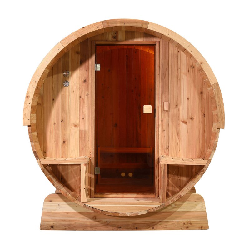 Outdoor Rustic Cedar Barrel Steam Sauna - Front Porch Canopy - front view photo with glassdoor