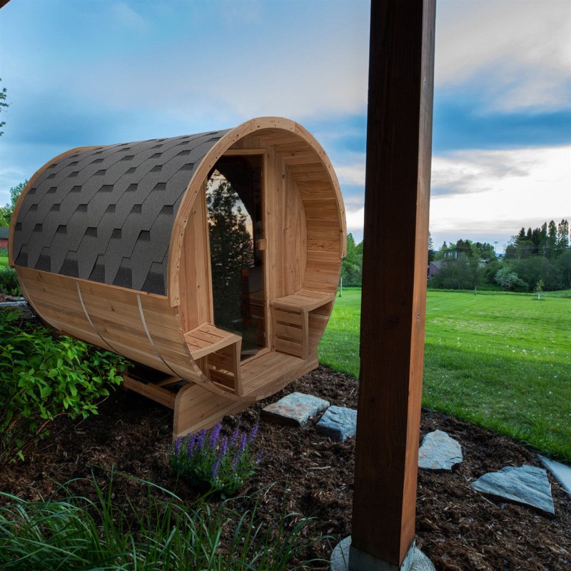 Outdoor Rustic Cedar Barrel Steam Sauna -Side view with visible glassdoor and front canopy