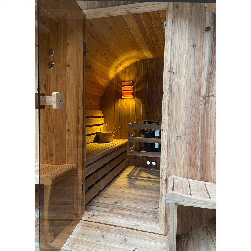 Outdoor Rustic Cedar Barrel Steam Sauna - Front Porch Canopy : Door and lights opened.