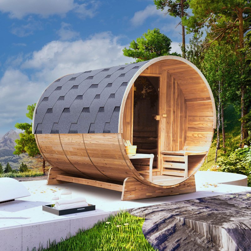 Outdoor Rustic Cedar Barrel Steam Sauna - Sauna with mountain and forest view background