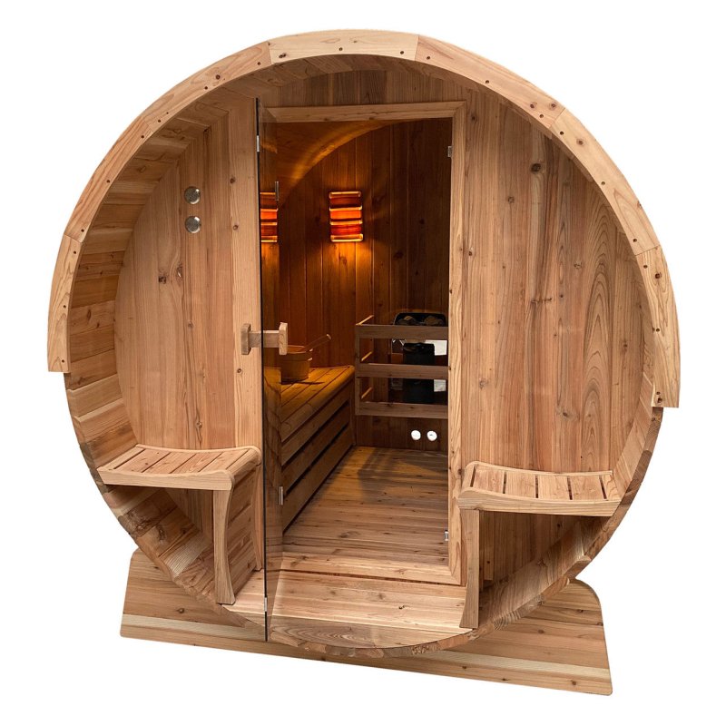 Outdoor Rustic Cedar Barrel Steam Sauna - Front Porch Canopy - with lights one and visible interior