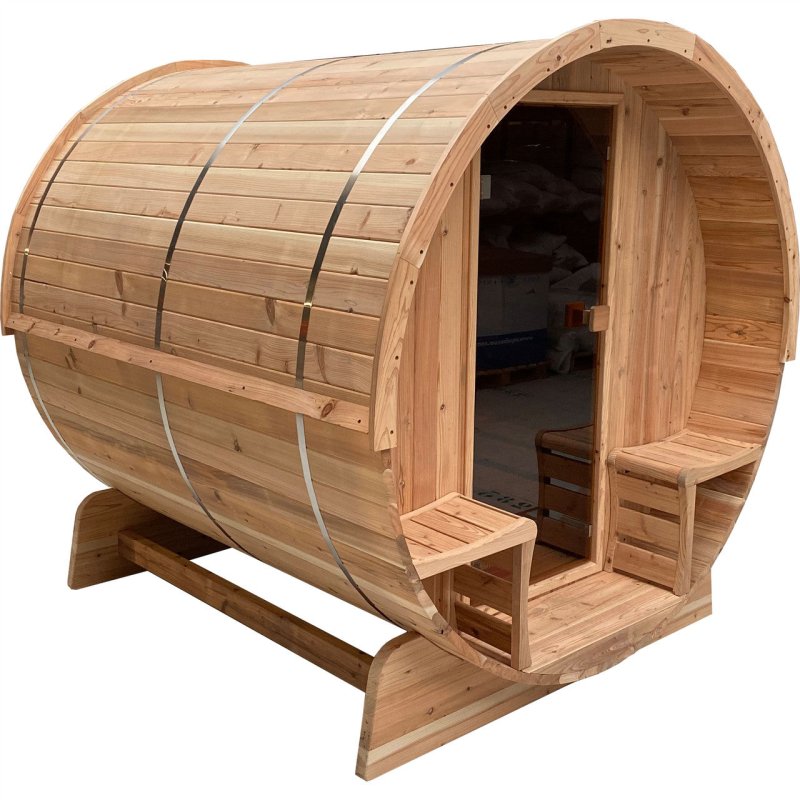 Outdoor Rustic Cedar Barrel Steam Sauna - Front Porch Canopy - Side view photo