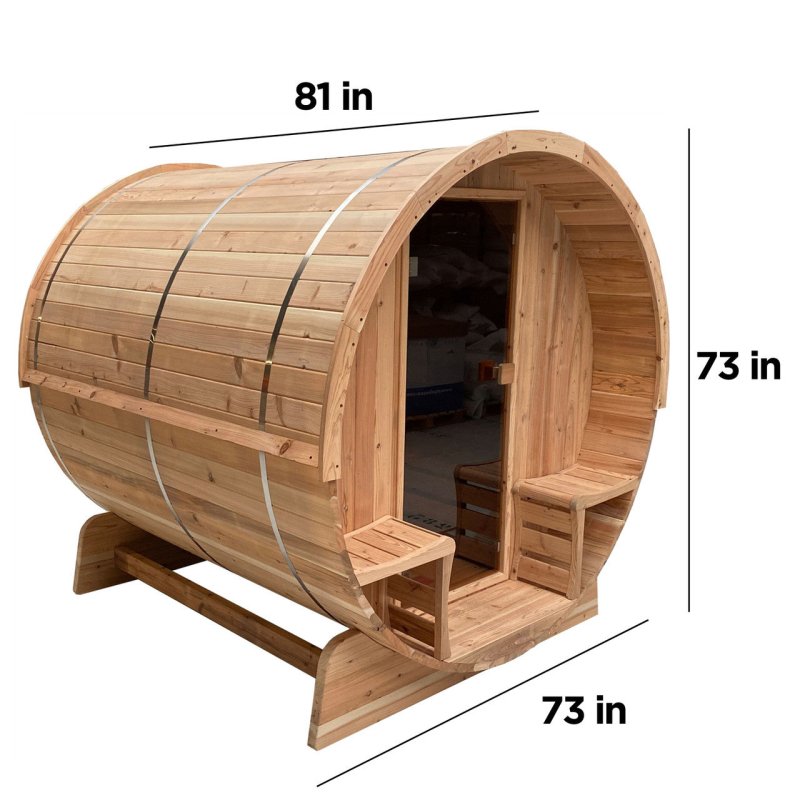 Outdoor Rustic Cedar Barrel Steam Sauna - Side view with sizes label for each size