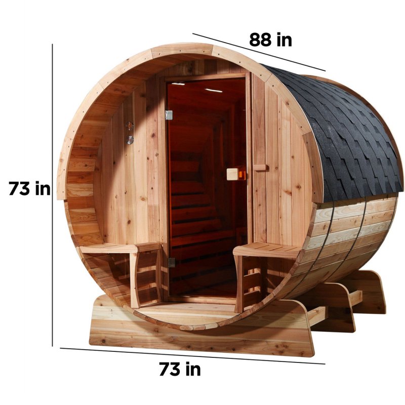 Outdoor Rustic Cedar Barrel Steam Sauna - actual photo of product with label sizes.