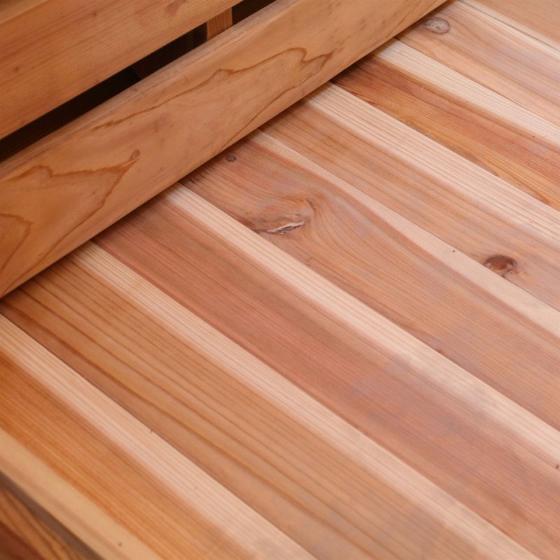 Outdoor Rustic Cedar Barrel Steam Sauna - Floor close up photo