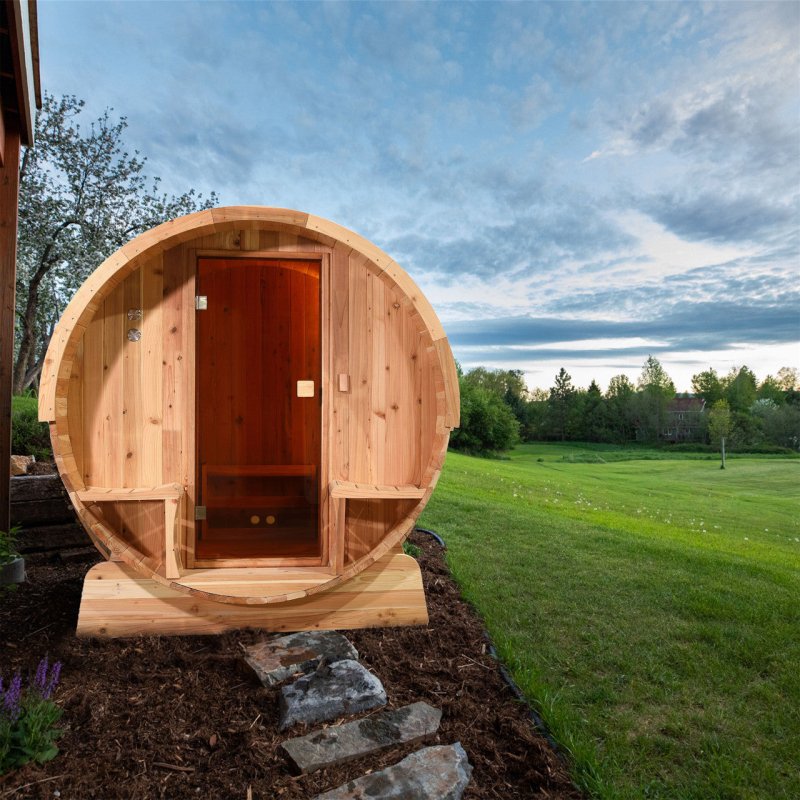 Outdoor Rustic Cedar Barrel Steam Sauna - Front Porch Canopy - UL Certified - 5-6 Person - front view photo, sauna placed outdoor.