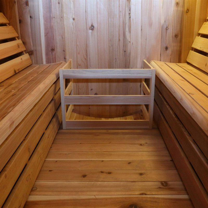 Outdoor Rustic Cedar Barrel Steam Sauna - photo taken inside