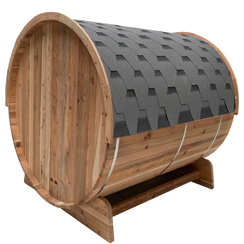 Outdoor Rustic Cedar Barrel Steam Sauna - Front Porch Canopy - Back view photo