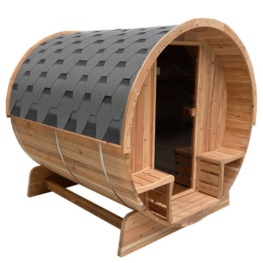 Outdoor Rustic Cedar Barrel Steam Sauna - Front Porch Canopy - UL Certified - 5-6 Person -