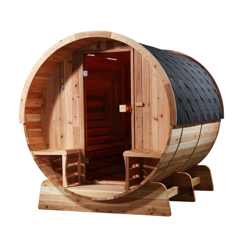 Outdoor Rustic Cedar Barrel Steam Sauna - Front Porch Canopy - Front view with canopy in opposite position