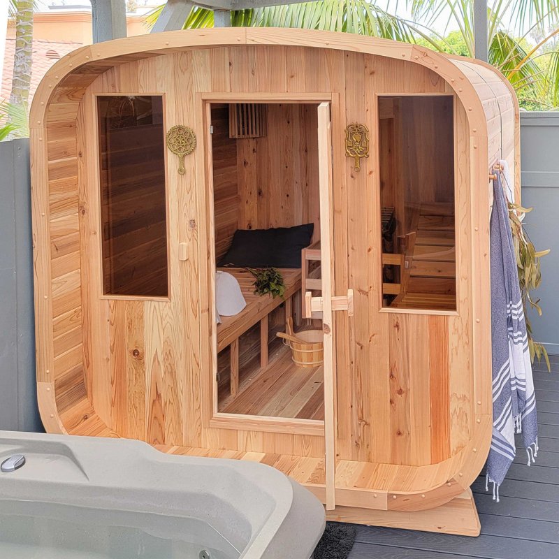 Outdoor Rustic Cedar Square Sauna – 6 Person front view insides are visible. 