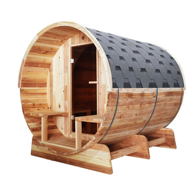 Outdoor/Indoor Red Cedar Wet/Dry Barrel Sauna - Front Porch Canopy with Panoramic View - Bitumen Shingle Roofing - 8 kW UL Certified KIP Harvia Heater - 6-8 Person 