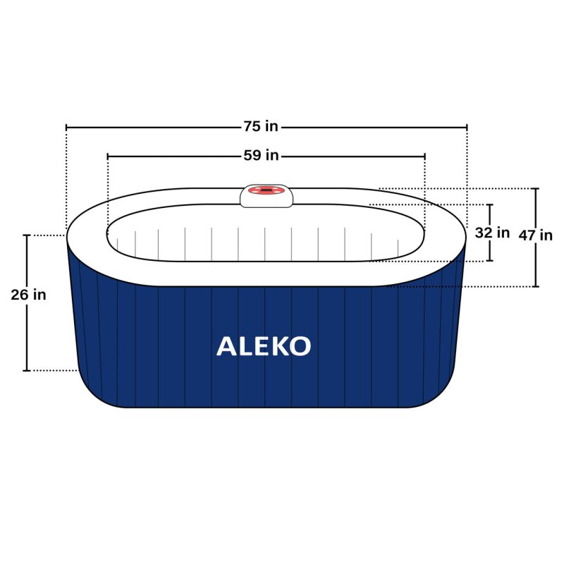 Oval Inflatable Jetted Hot Tub with Drink Tray and Cover - 2 Person a photo diagram shows sizes in each sides.