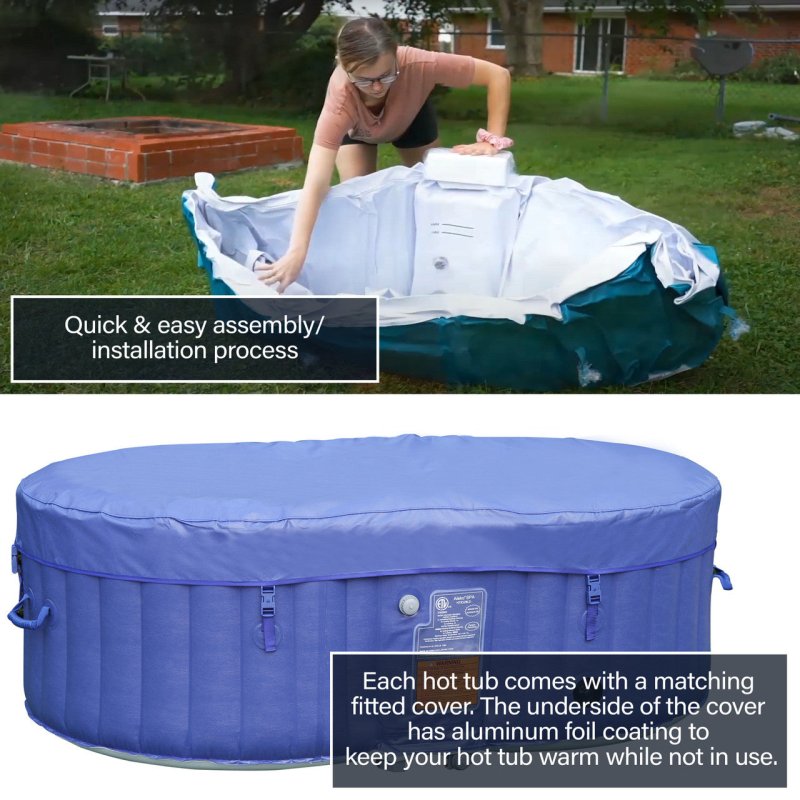 Oval Inflatable Jetted Hot Tub with Drink Tray and Cover - 2 layer photo , woman showing how to fold hot tub and one picture of actual unit with cover in dark blue.