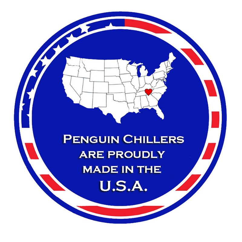 Penguin Chillers Cold Therapy Chiller - a blue circle with white text and a map of the United States