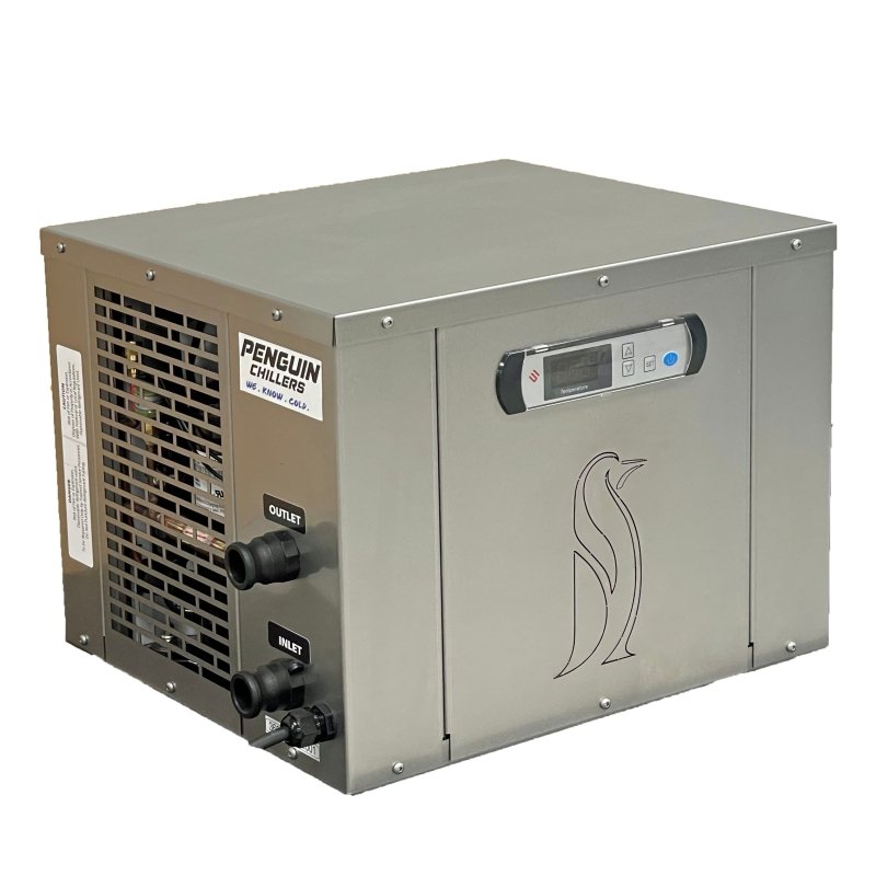 Penguin Chillers Cold Therapy Chiller & Barrel Bracket - a grey rectangular machine with outlet on the back