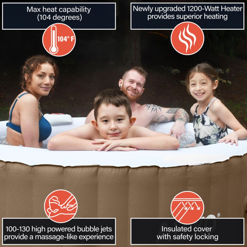 Round Inflatable Jetted Hot Tub with Cover - 4 person inside the tub , family having fun with 2 kids