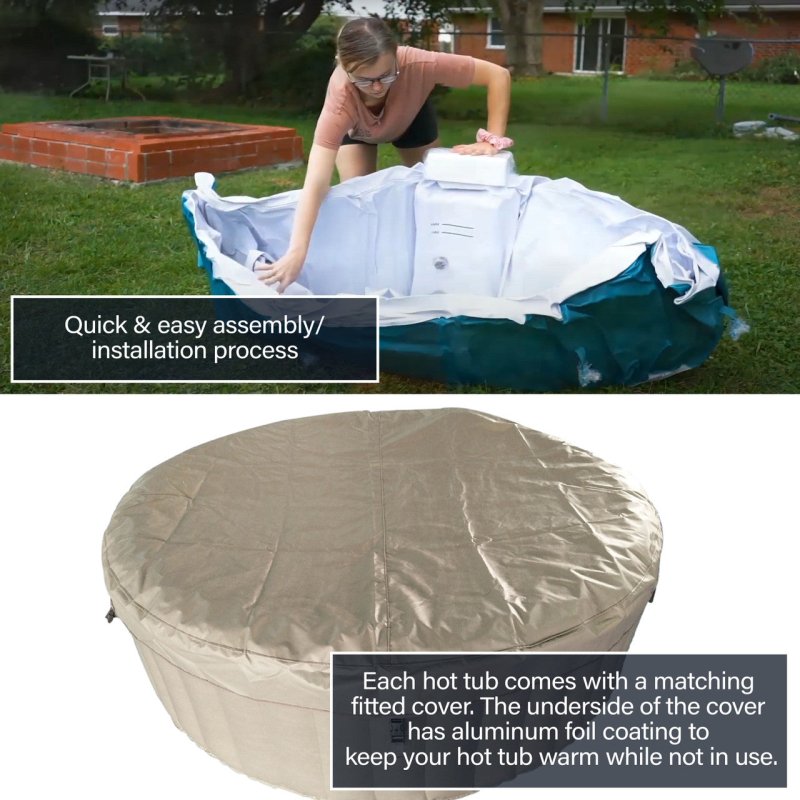 Round Inflatable Jetted Hot Tub with Cover - woman folding hot tub and actual product photo with cover.