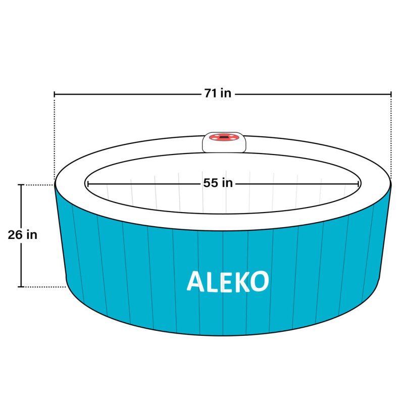 Round Inflatable Jetted Hot Tub with Cover - diagram with sizes on each sides.