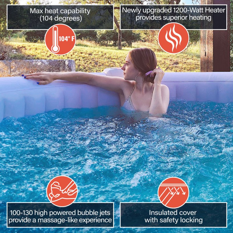 Round Inflatable Jetted Hot Tub with Cover - woman on side view photo, also has labels with product features 