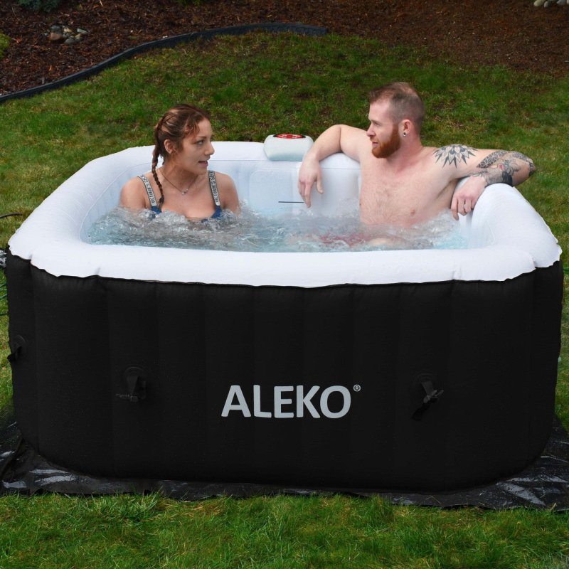 Square Inflatable Jetted Hot Tub with Cover - 2 person inside the tub