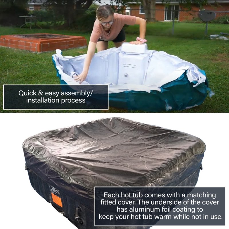 Square Inflatable Jetted Hot Tub with Cover - 2 picture woman folding the hot tub and actual picture of the product