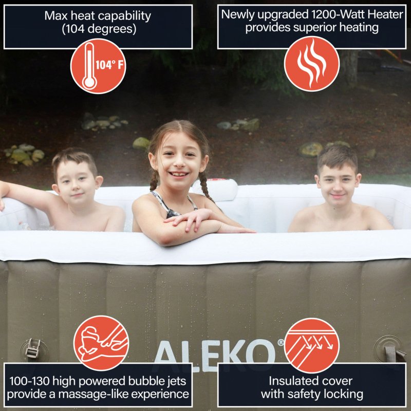 Square Inflatable Jetted Hot Tub with Cover - 3 kids inside the tub photo with written specs of the product