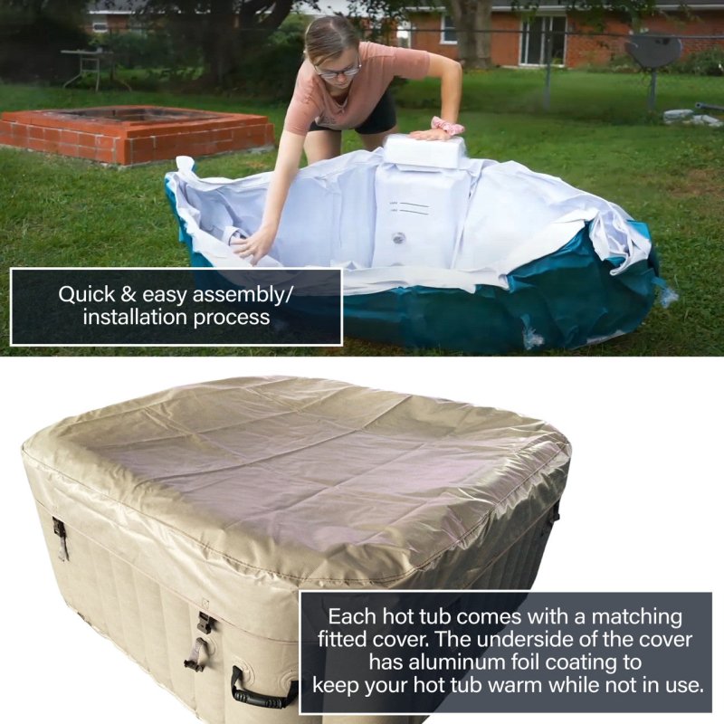 Square Inflatable Jetted Hot Tub with Cover - 2 photo, woman folding the inflatable tub and actual unit