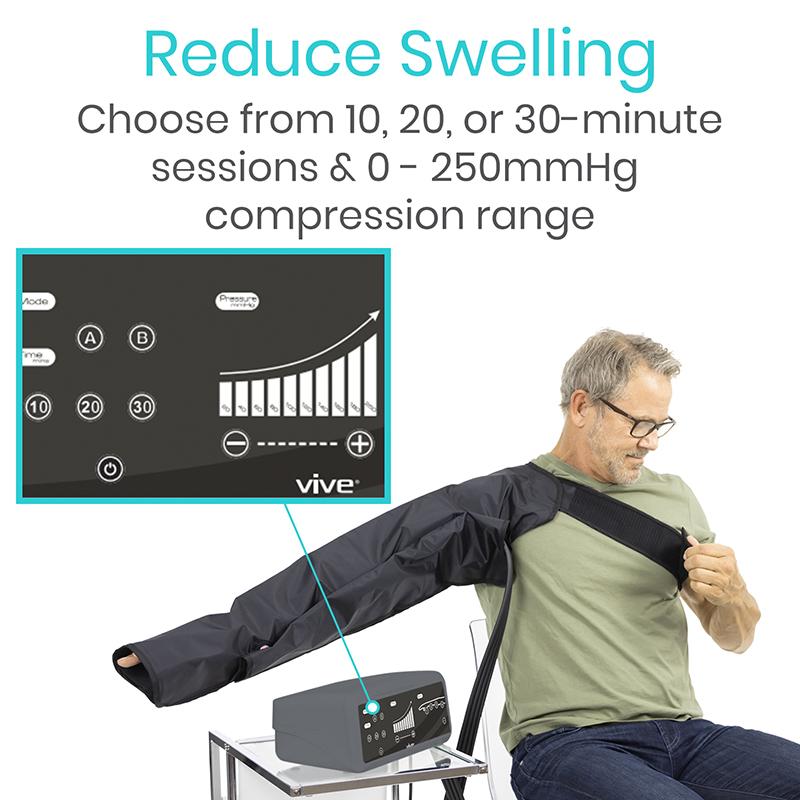 Vive Arm Compression Pump - Swelling & Pain Relief - a man sitting on a chair with compression pump on his arm