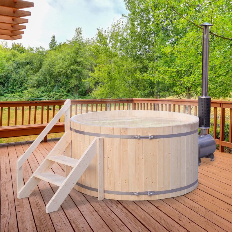 Wood-Fired Hot Tub and Ice Bath – in pine color on side view with 2 step stairs